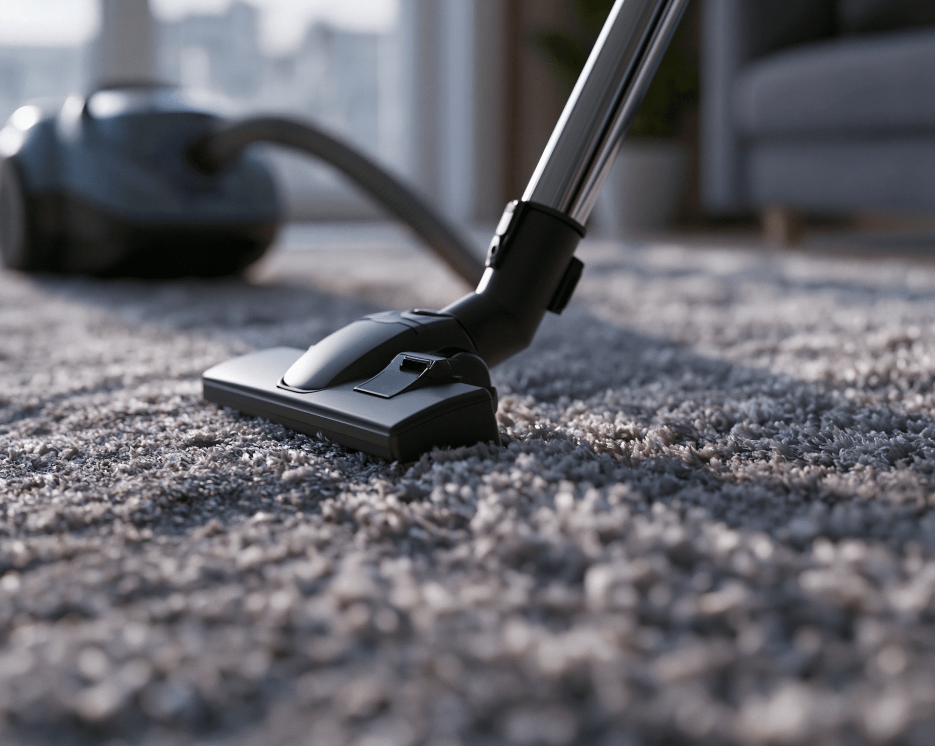Vacuuming a plush living-room carpet