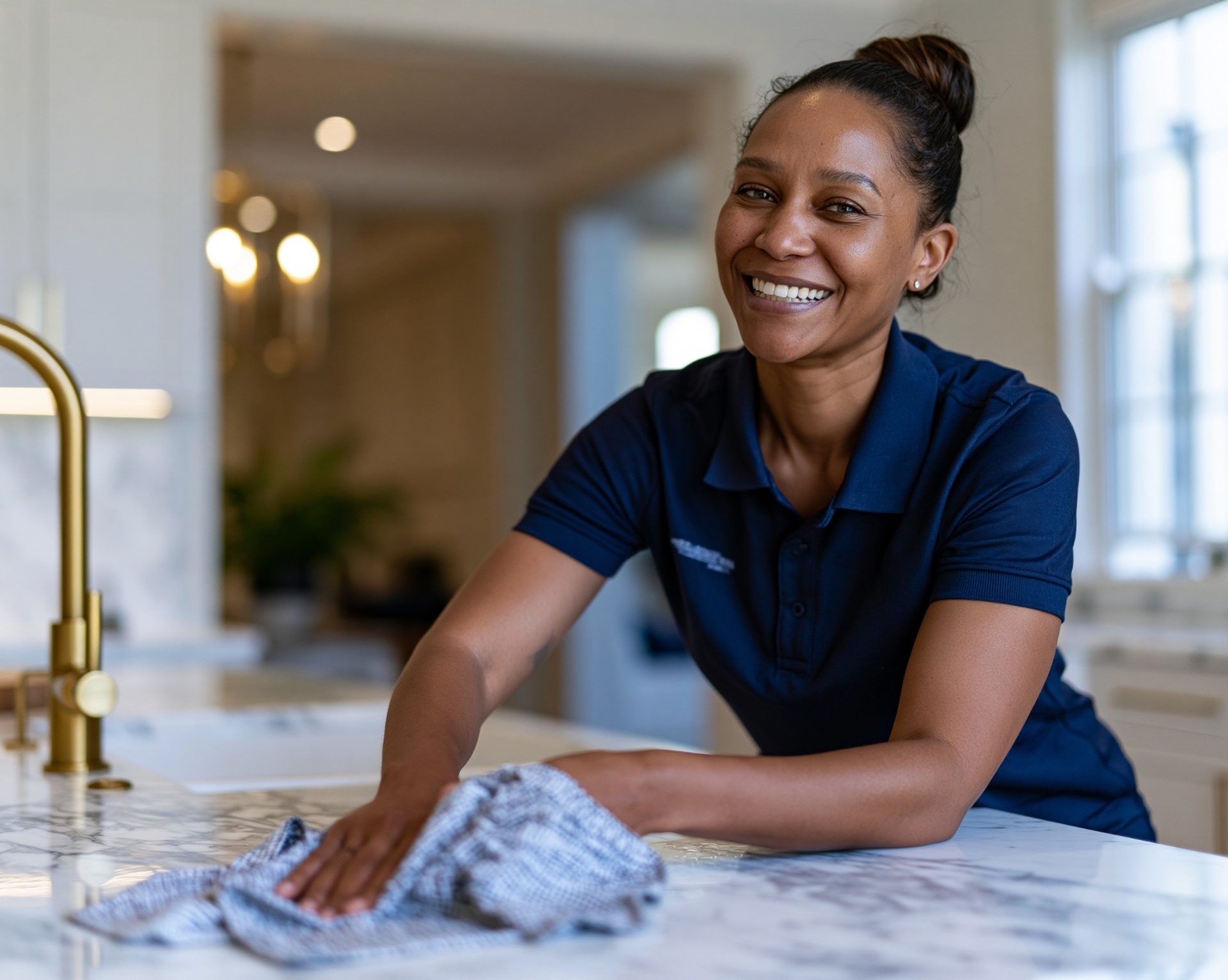 A VVS Cleaners team member smiling while cleaning a marble kitchen